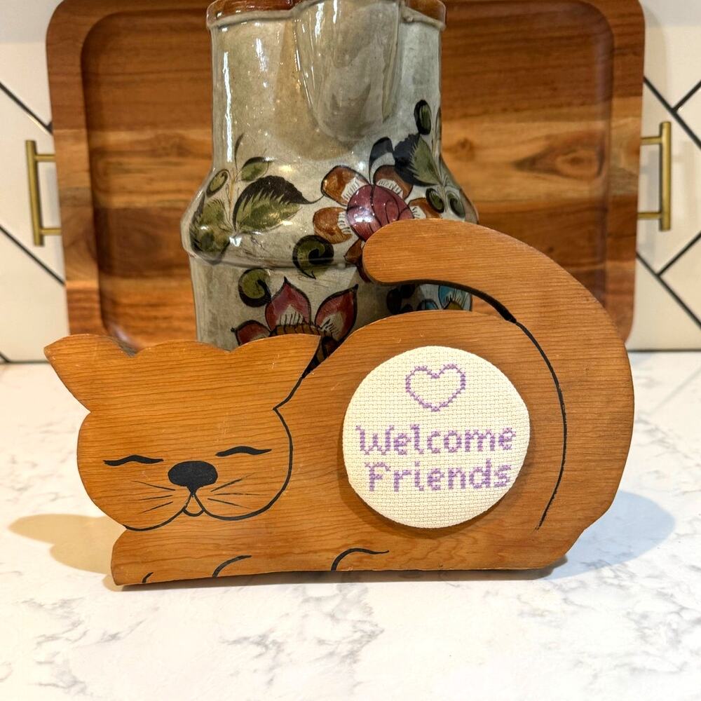 vintage hand-painted wooden cat cross-stitched reads "Welcome Friends" sign